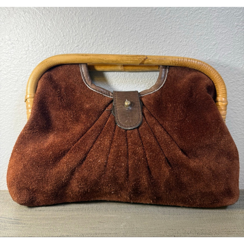 Vintage 1980s Suede Leather Bamboo Handle Handbag – Made in Hong Kong – Boho Str